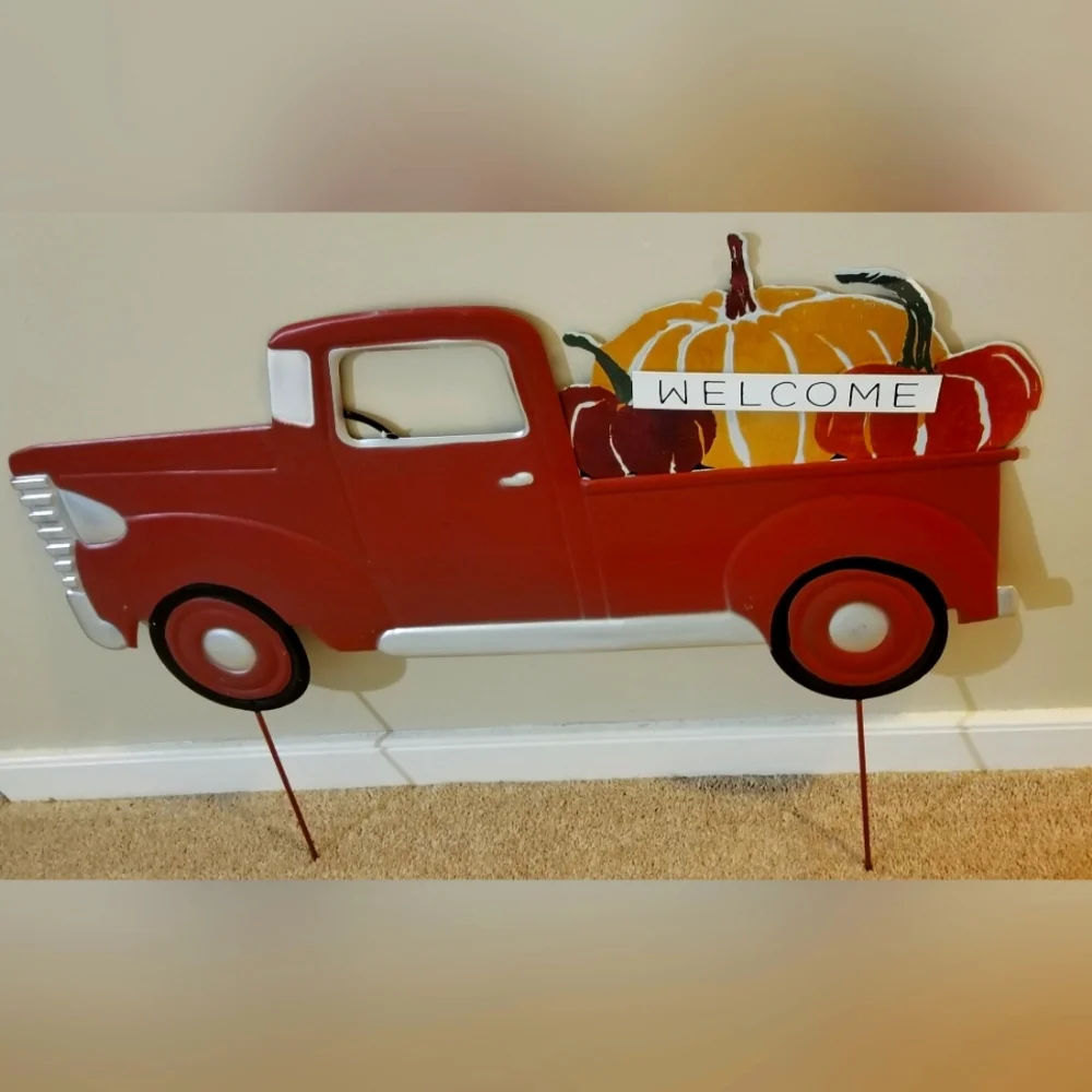 Vintage Red Pickup Truck with Pumpkins Welcome Yard Sign